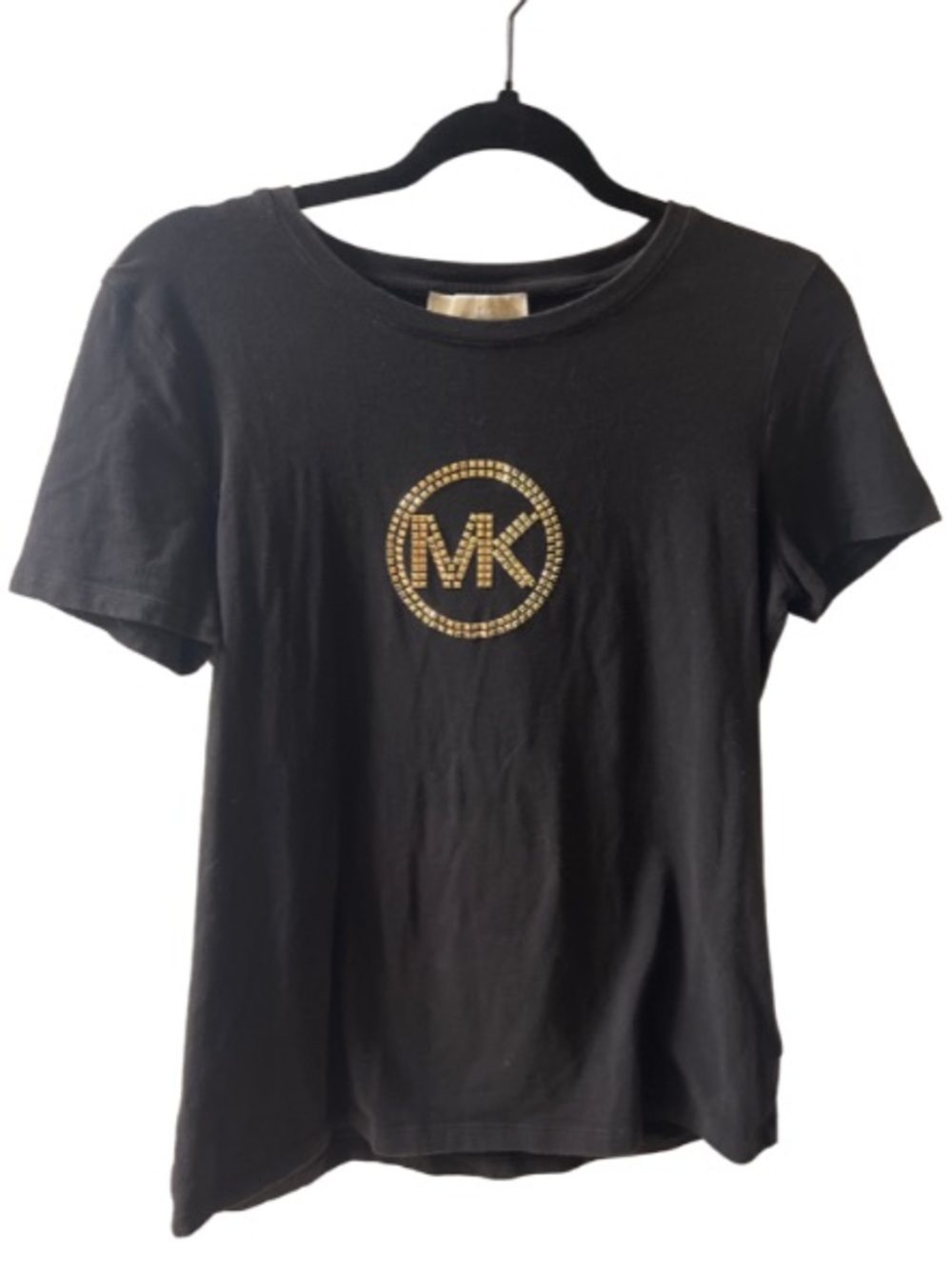 MICHAEL Michael Kors Studded Logo Charm Jersey T-Shirt Black Gold Size M GUC